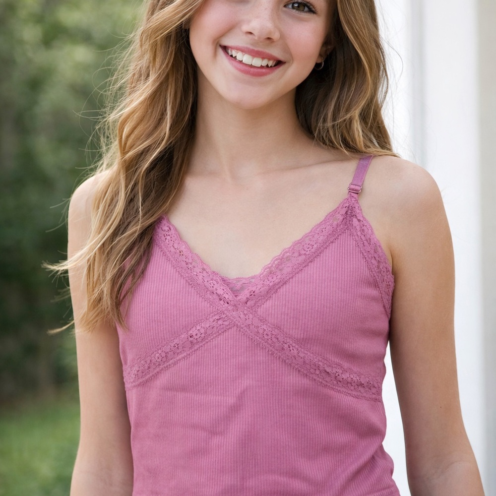 Suzette Collection Lace Trim Ribbed Cami Tank - Mauve Pink M/L - NWT
